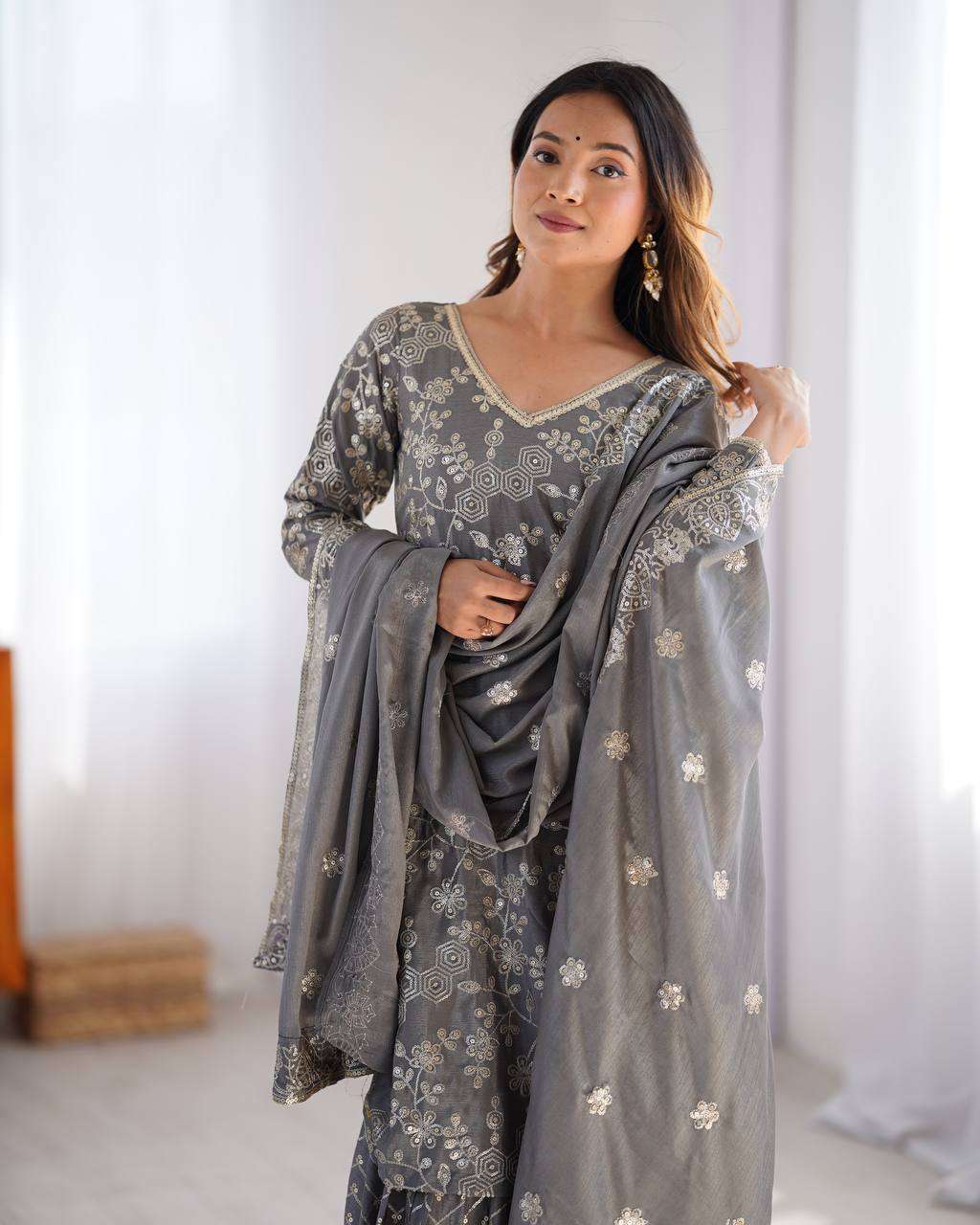 Women's Chinon Silk Embroidery Sequence Work Straight Kurti With Sharara Suit and Dupatta Set - Image 10